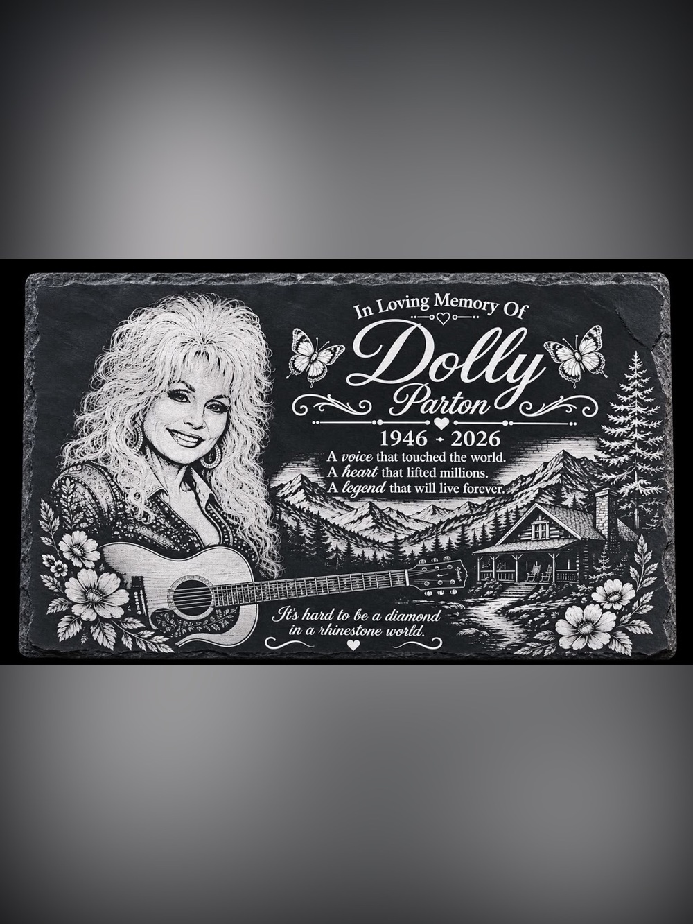 In Loving Memory Commemorative Slate Plaque - Black and White 12 x 8 slate